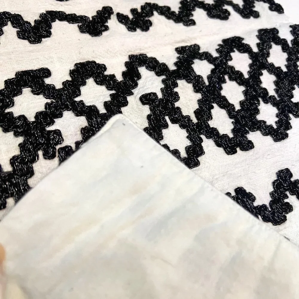 Pier 1 Imports-2 Table Mats-White Cotton with Black Shiny Black Zig Zag on Front